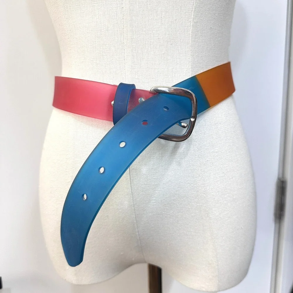 Vintage 90s Translucent Vinyl Belt Medium Rainbow Color Block Made USA
